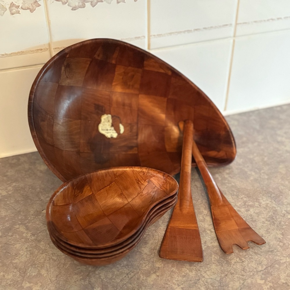 70's Formosa Wood Salad Serving Set - 7 pieces - Salad Bowl Set - Wooden Serving